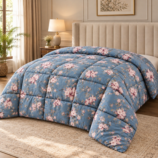Dusty Blue Floral Printed Heavy Razai – 1 Piece