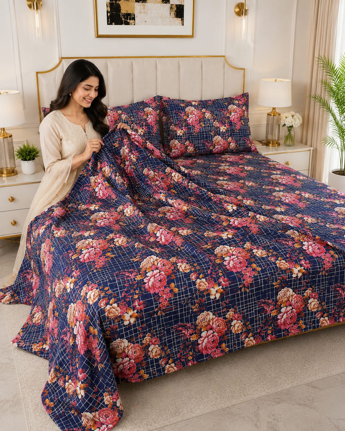 Indigo Peony Crystal Cotton Lifetime Bedsheet