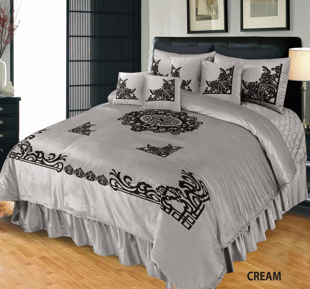 Luxury Pearl Silver Velvet Bedspread Set – 5 Piece
