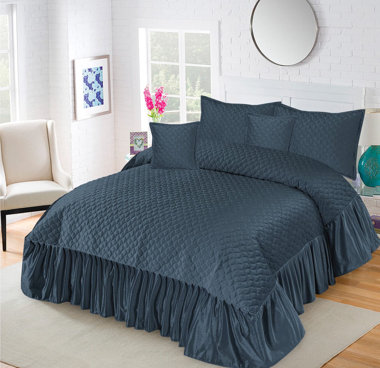 Luxury Charcoal Gray Velvet Bedspread Set – 5 Piece