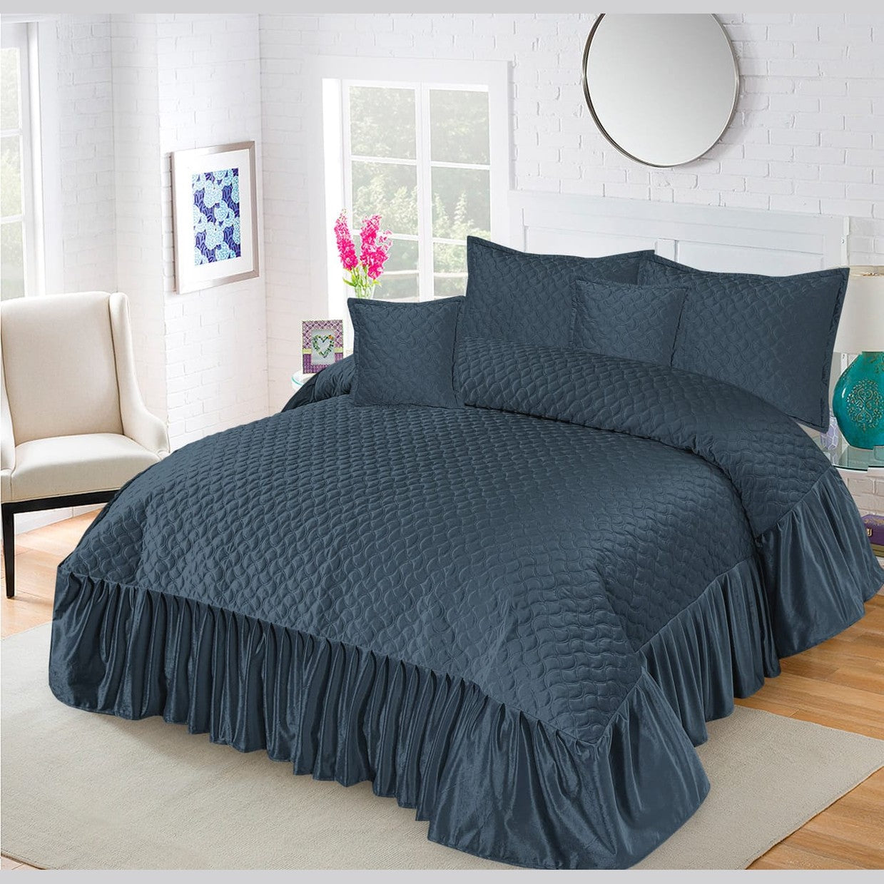 Emboss Velvet Quilted Frilled Luxury Bridal Bedsheet Set – 5 Piece