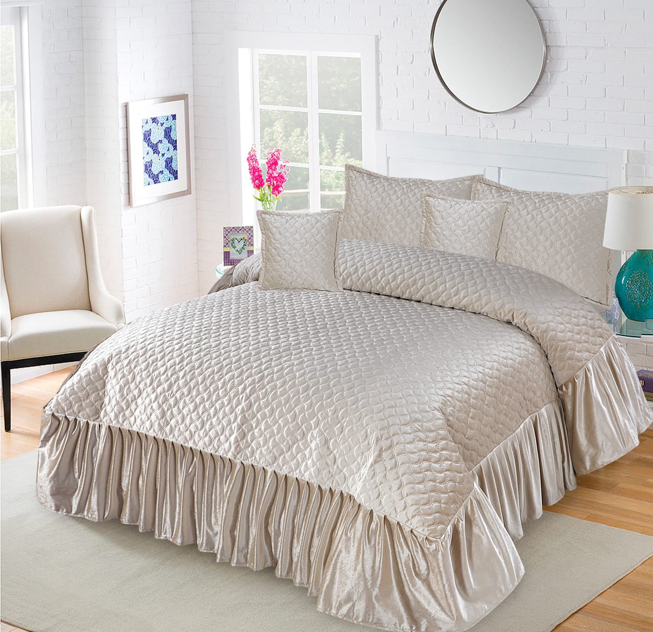 Luxury Ivory Velvet Bedspread Set – 5 Piece
