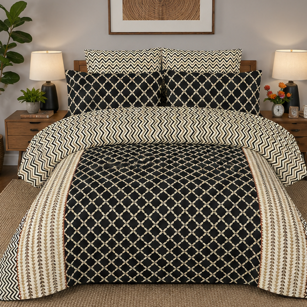 printed pure cotton bedsheet black and beige