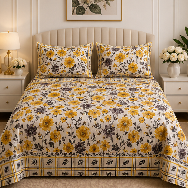 crystal cotton lifetime bedsheet cream with mustard yellow
