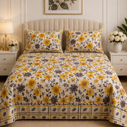 crystal cotton lifetime bedsheet cream with mustard yellow