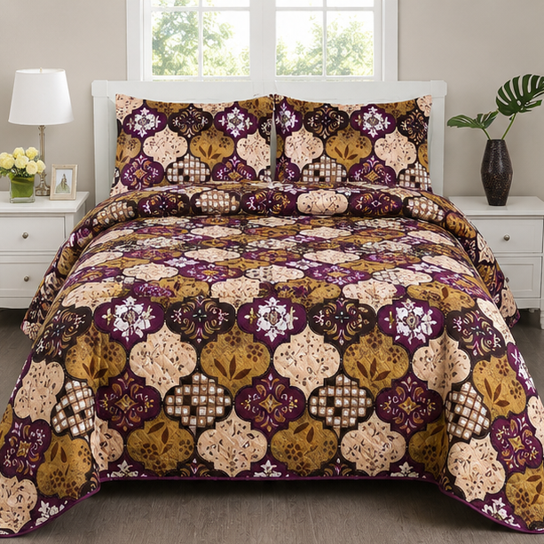 printed quilted bedspread deep purple