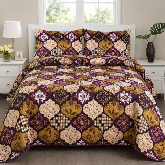 printed quilted bedspread deep purple