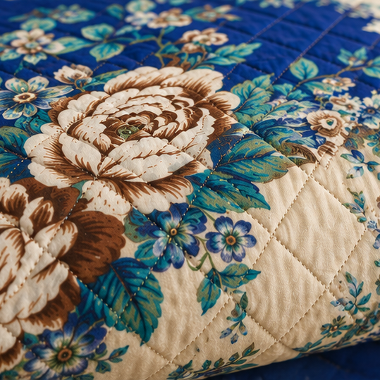 printed quilted bedspread royal blue