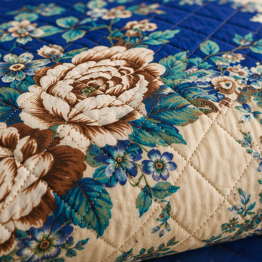 printed quilted bedspread royal blue