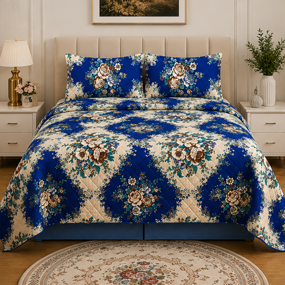printed quilted bedspread royal blue
