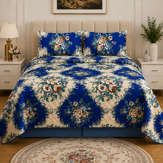printed quilted bedspread royal blue