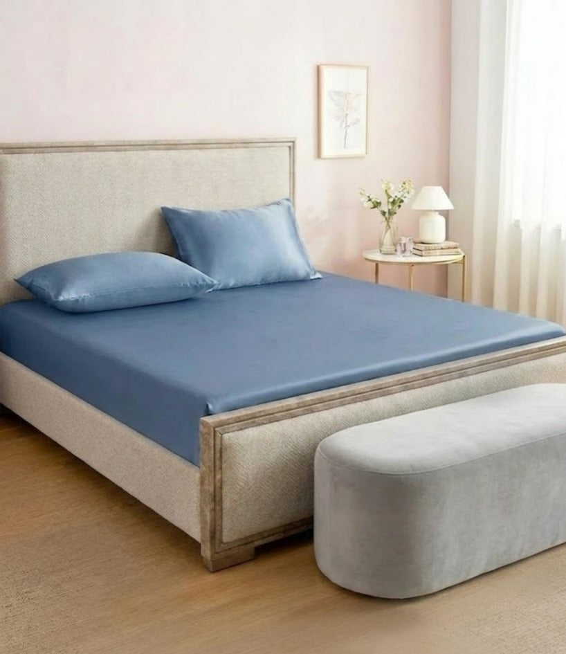 steel blue premium plain dyed bedsheet – 300 tc cotton sateen (king size)