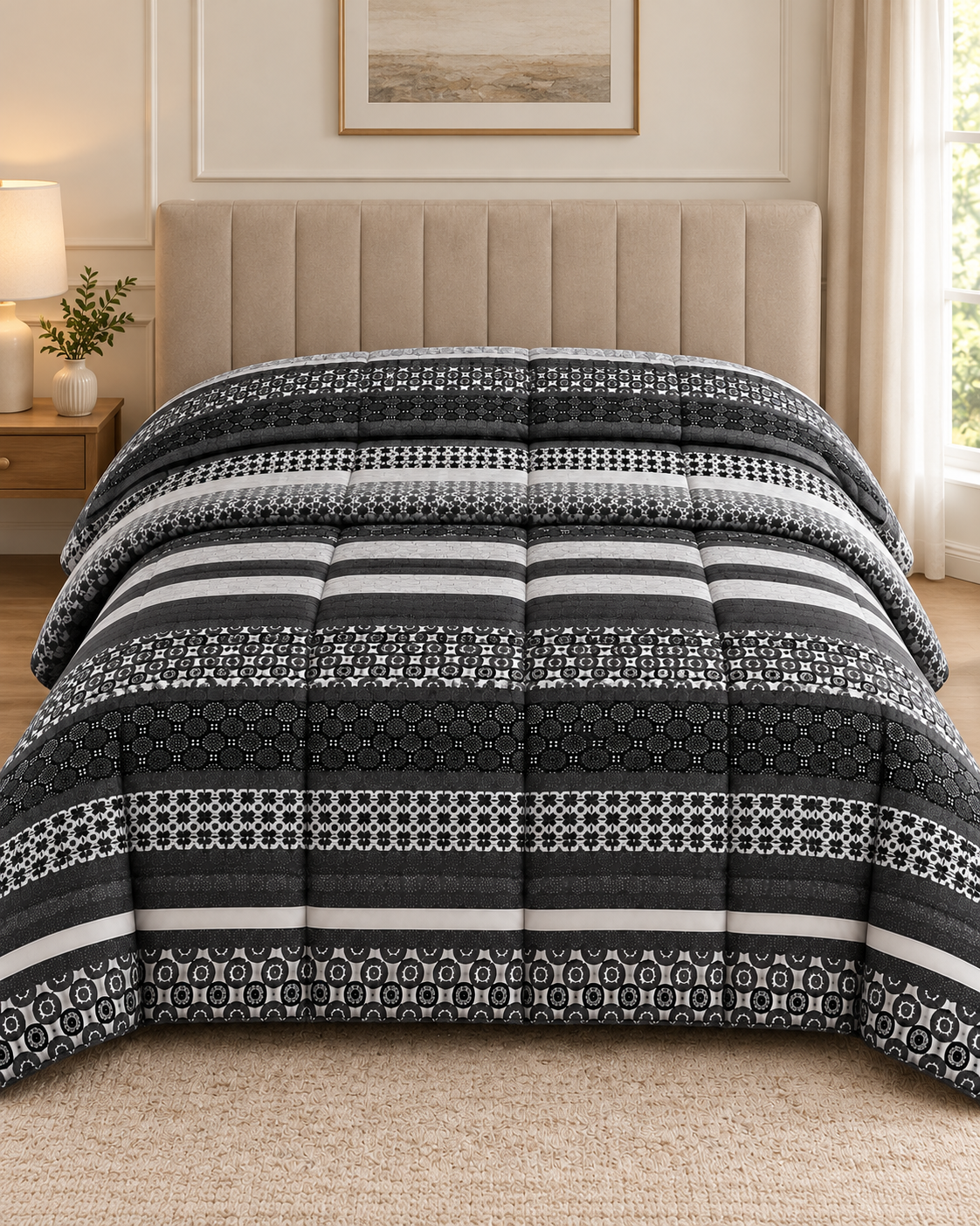 Black Geometric Printed Heavy Razai – 1 Piece