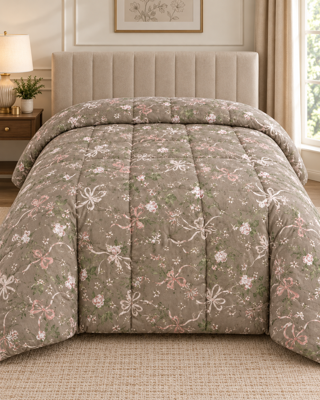 Taupe Floral Printed Heavy Razai – 1 Piece