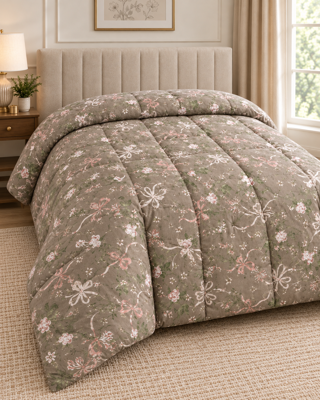 Taupe Floral Printed Heavy Razai – 1 Piece