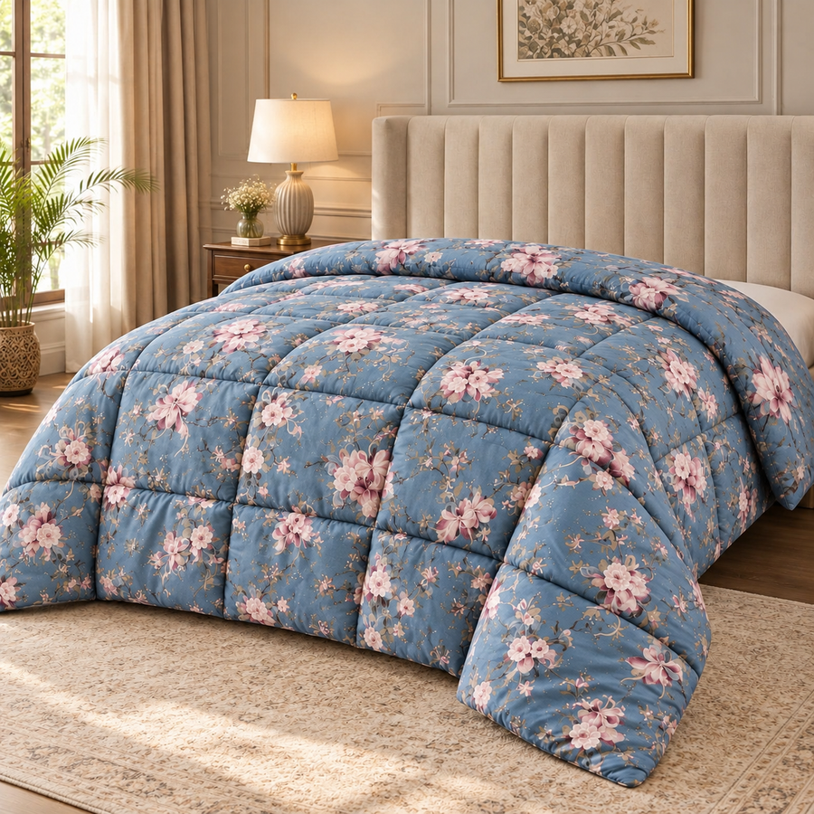 Dusty Blue Floral Printed Heavy Razai – 1 Piece