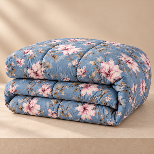 Dusty Blue Floral Printed Heavy Razai – 1 Piece