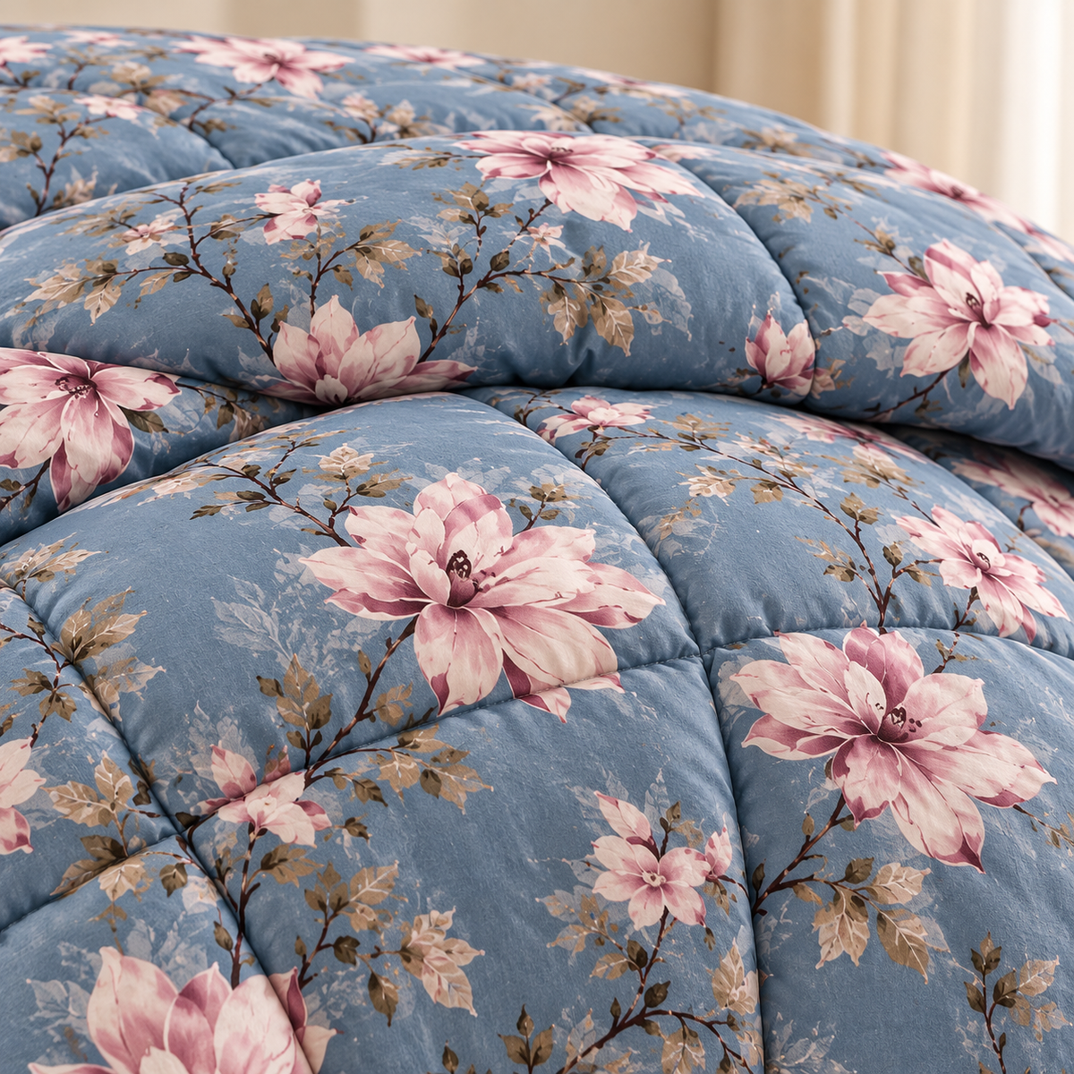 Dusty Blue Floral Printed Heavy Razai – 1 Piece