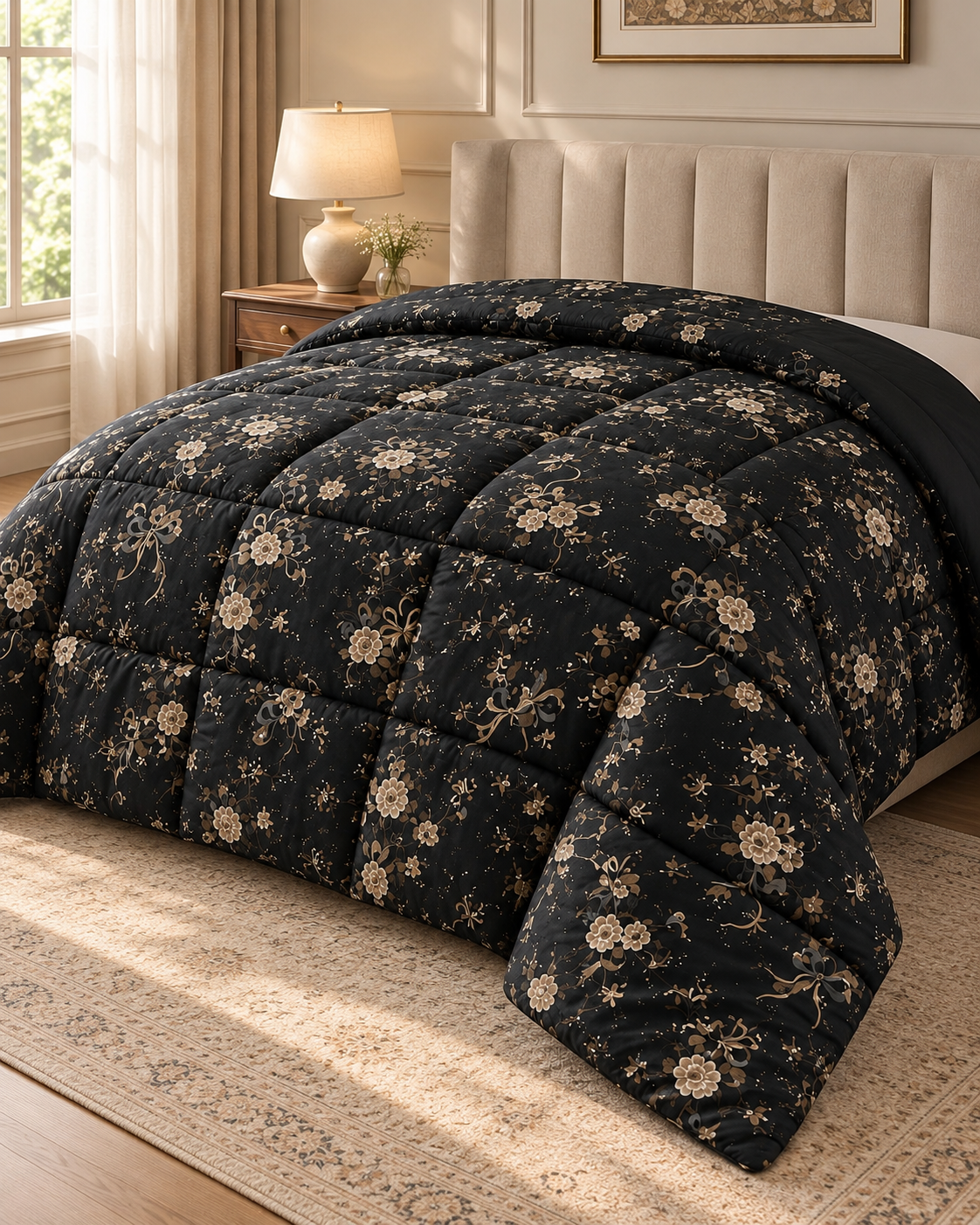 Black Floral Printed Heavy Razai – 1 Piece