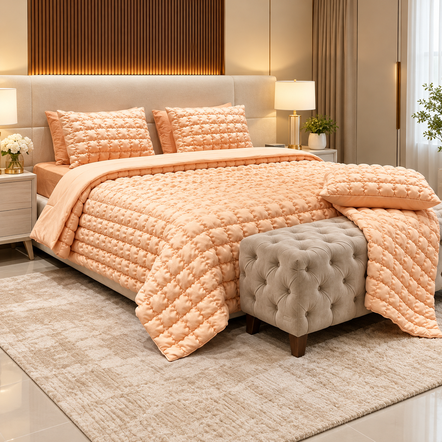 Peach 6 Piece Bubble Quilted Bedspread Set
