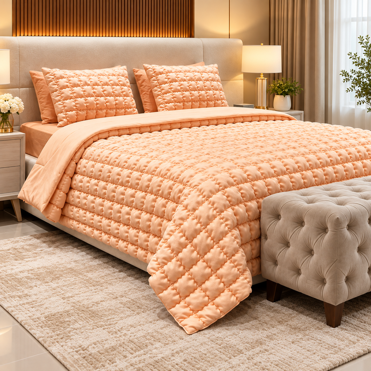 Peach 6 Piece Bubble Quilted Bedspread Set