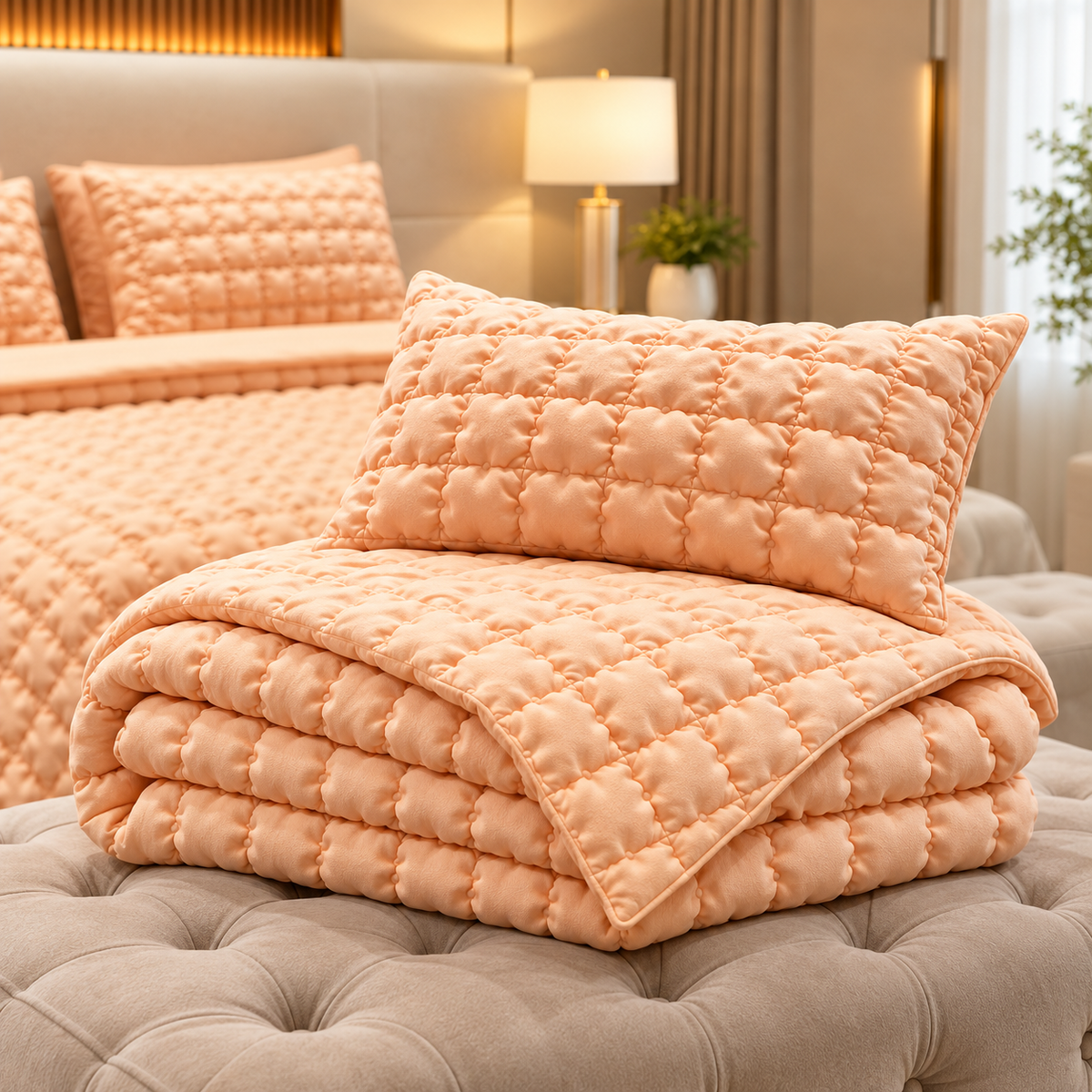 Peach 6 Piece Bubble Quilted Bedspread Set
