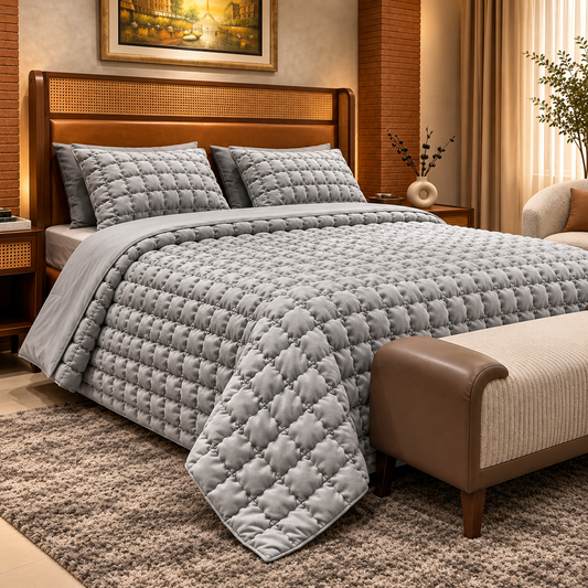 Grey 6 Piece Bubble Quilted Bedspread Set