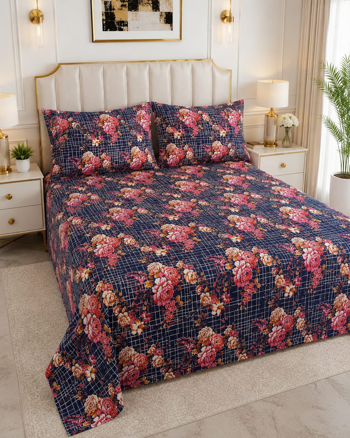 Indigo Peony Crystal Cotton Lifetime Bedsheet