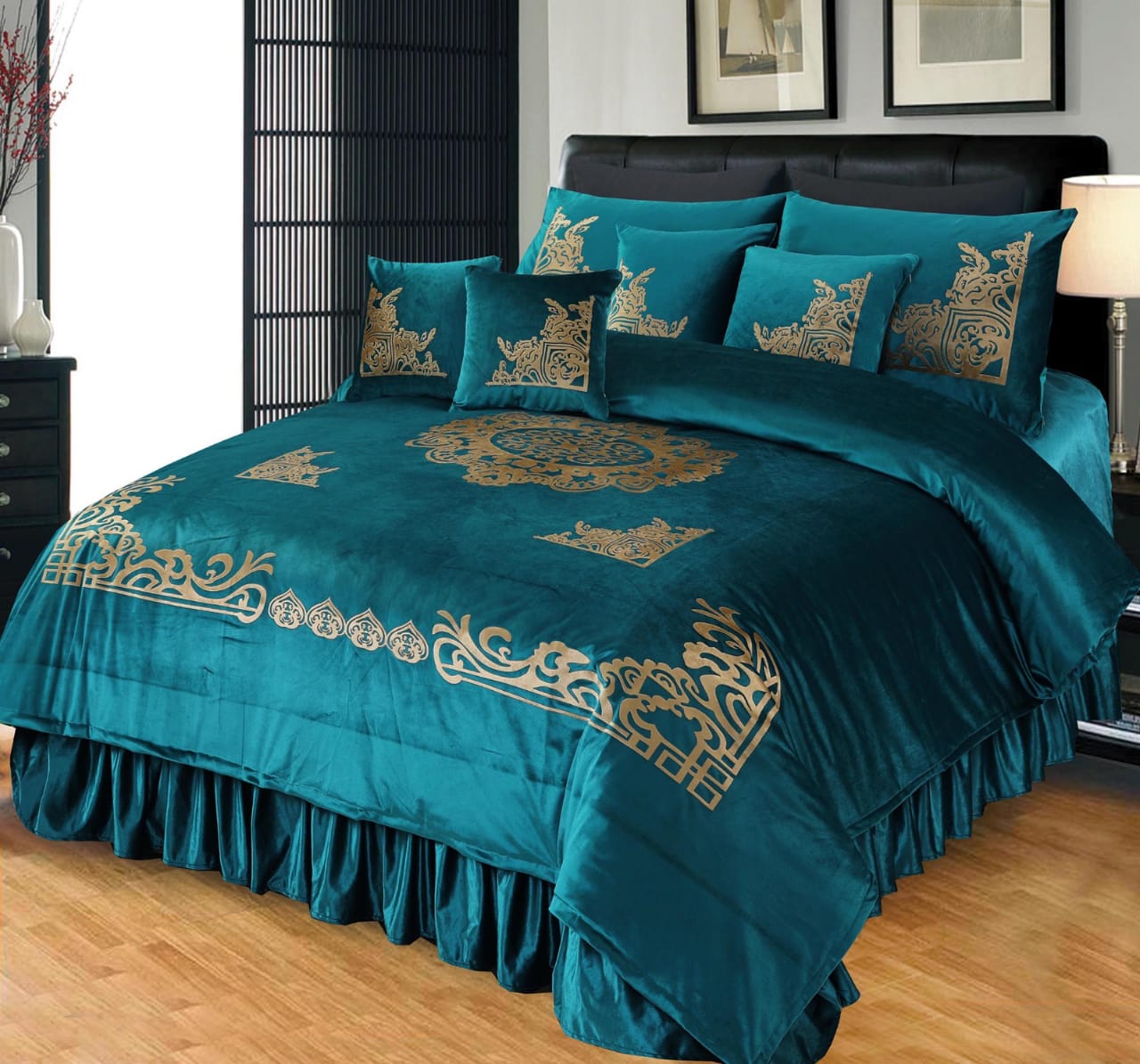 Luxury Peacock Blue Velvet Bedspread Set – 5 Piece