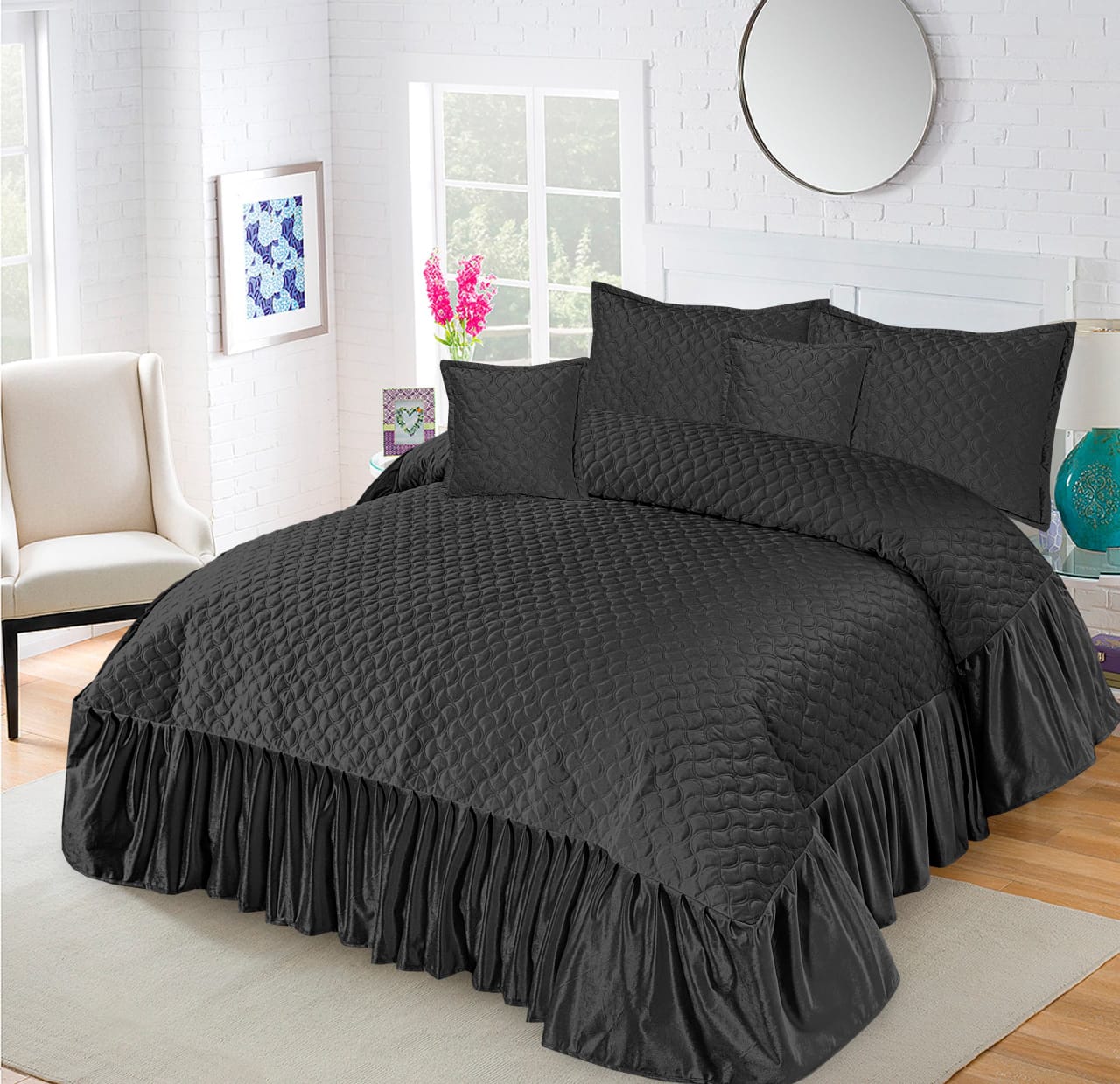 Luxury Black  Velvet Bedspread Set – 5 Piece