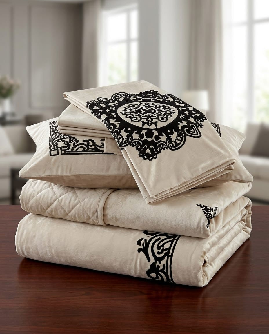Luxury Emboss Velvet Bridal Bed Set – 9 Piece