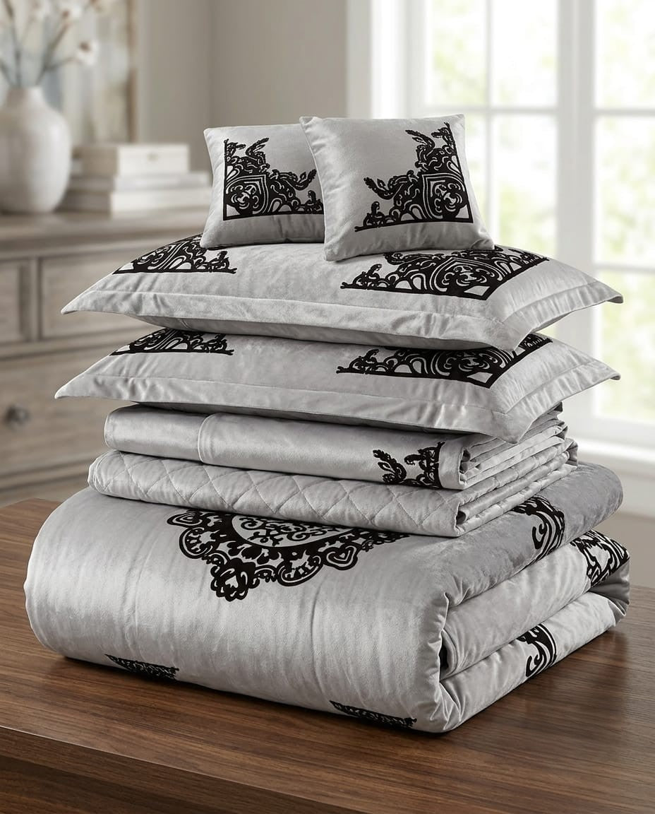 Luxury Emboss Velvet Bridal Bed Set – 9 Piece