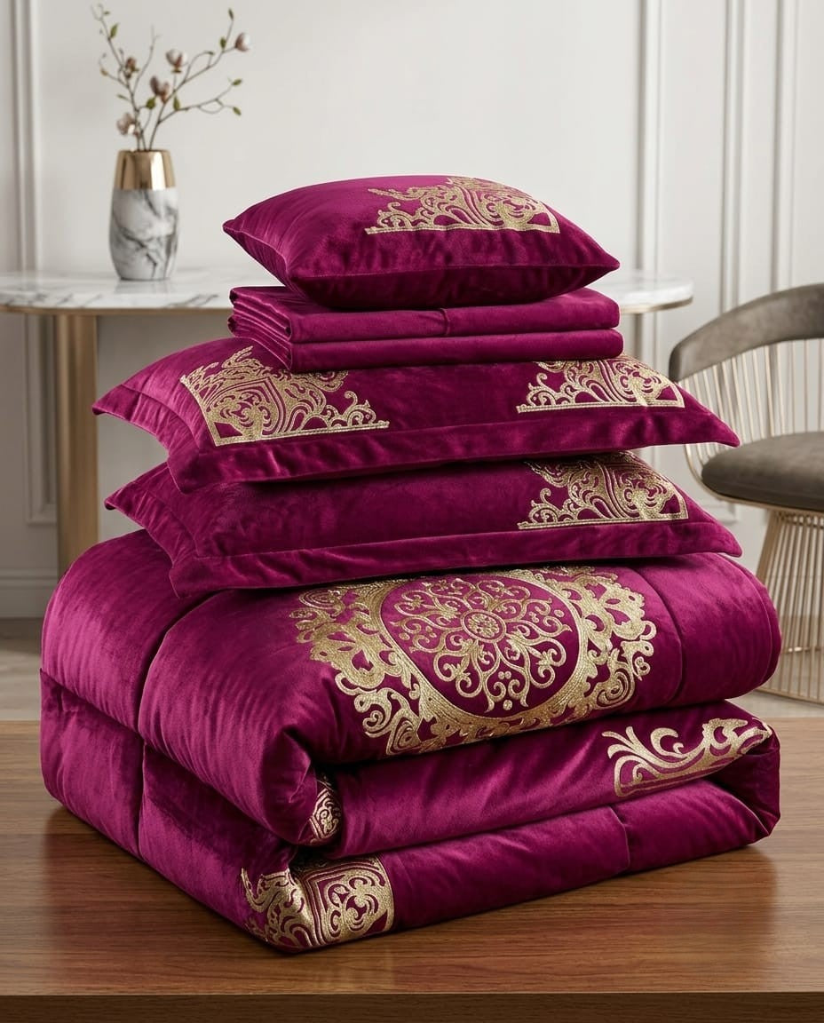 Luxury Emboss Velvet Bridal Bed Set – 9 Piece