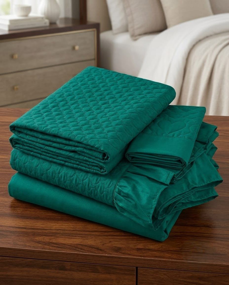 Emboss Velvet Quilted Frilled Luxury Bridal Bedsheet Set – 5 Piece
