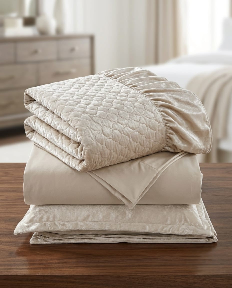 Emboss Velvet Quilted Frilled Luxury Bridal Bedsheet Set – 5 Piece