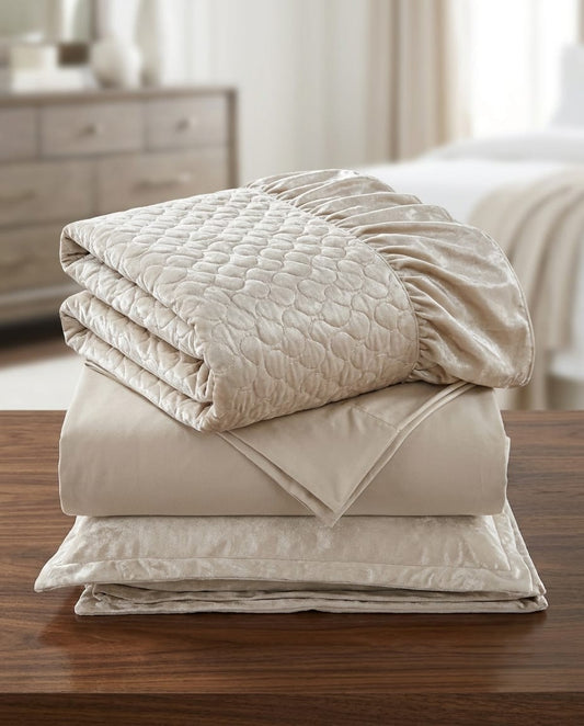 Emboss Velvet Quilted Frilled Luxury Bridal Bedsheet Set – 5 Piece