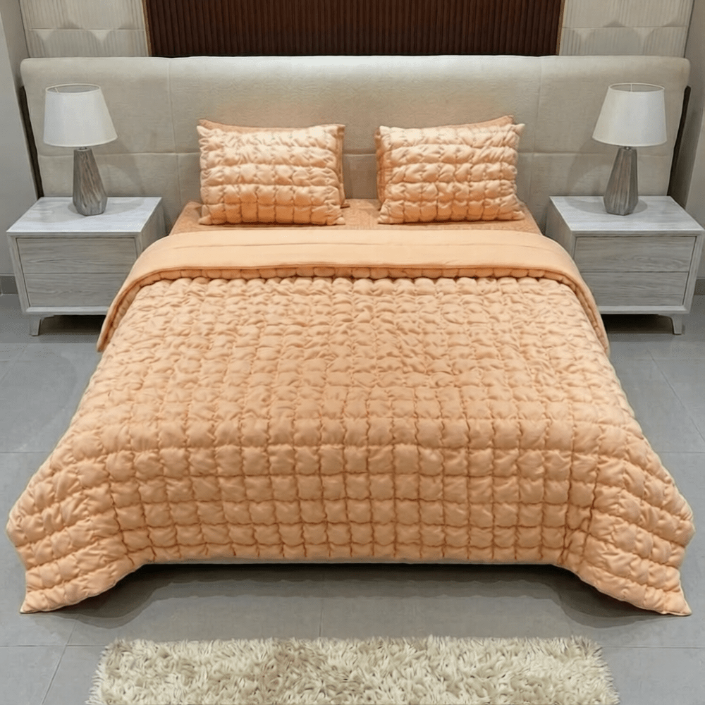 Bubble Quilted Bedspread Set – King Size (Luxury Peach) - Zarle