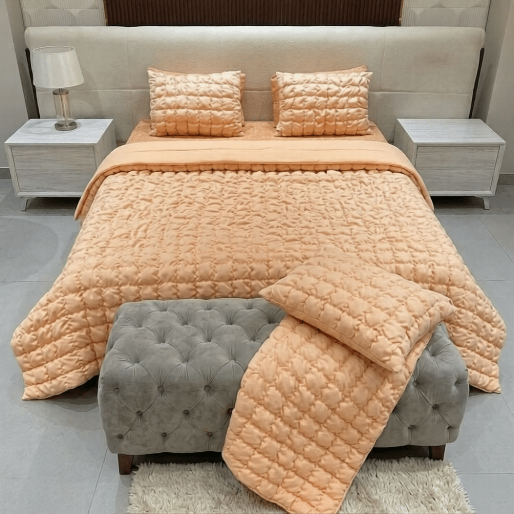 Bubble Quilted Bedspread Set – King Size (Luxury Peach) - Zarle