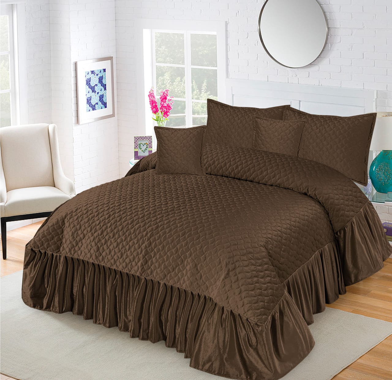 Emboss Velvet Quilted Frilled Luxury Bridal Bedsheet Set – 5 Piece - Zarle