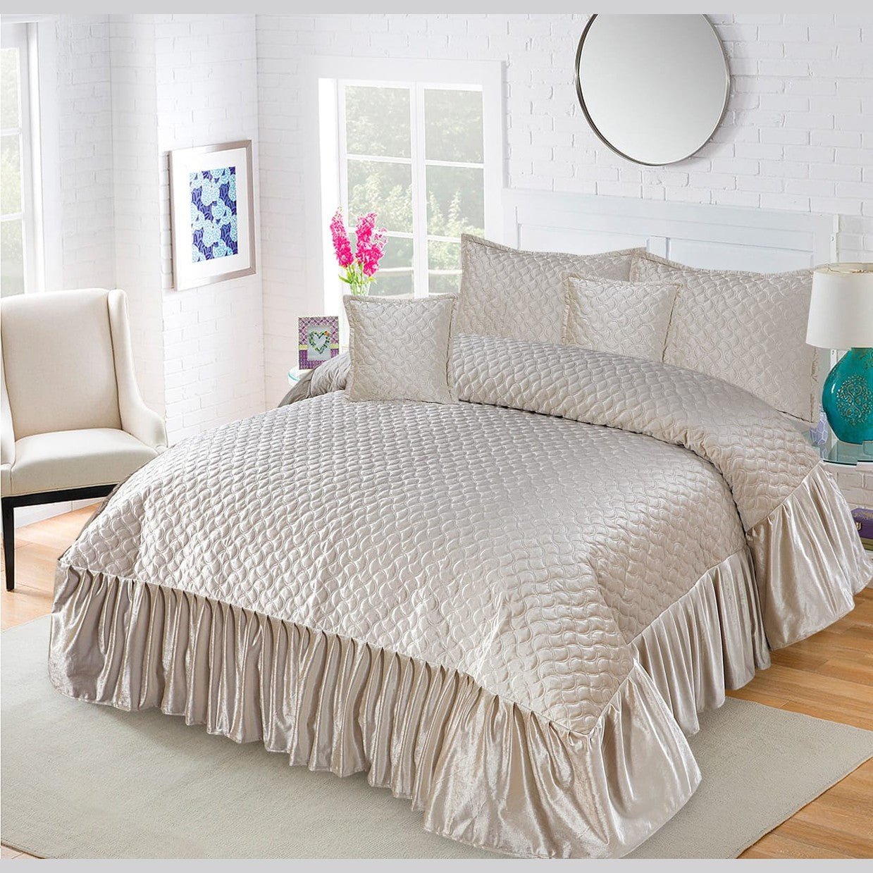 Emboss Velvet Quilted Frilled Luxury Bridal Bedsheet Set – 5 Piece - Zarle