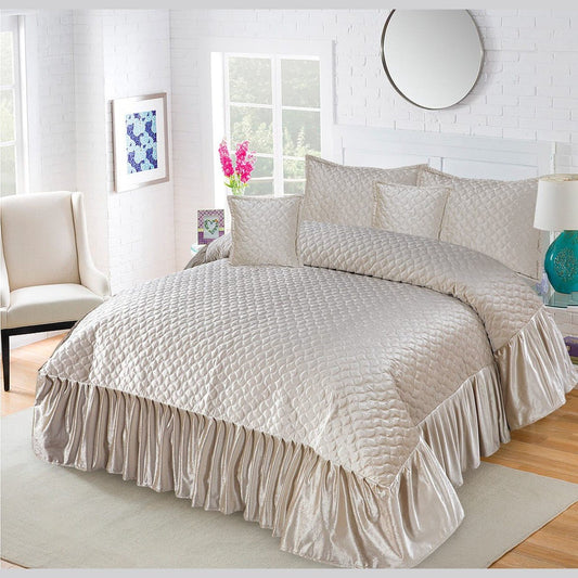 Emboss Velvet Quilted Frilled Luxury Bridal Bedsheet Set – 5 Piece - Zarle