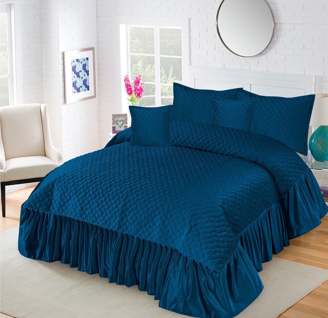 Emboss Velvet Quilted Frilled Luxury Bridal Bedsheet Set – 5 Piece - Zarle