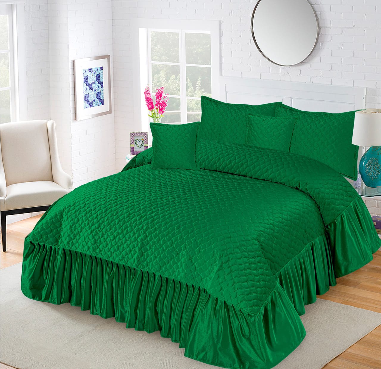 Emboss Velvet Quilted Frilled Luxury Bridal Bedsheet Set – 5 Piece - Zarle