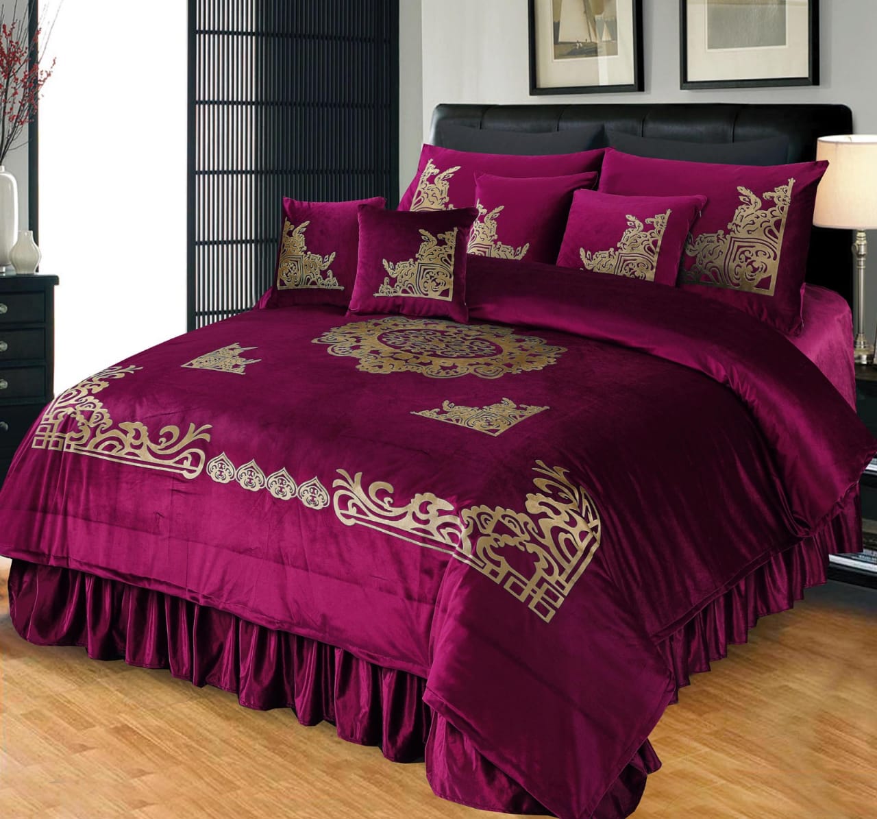 Luxury Emboss Velvet Bridal Bed Set – 9 Piece - Zarle