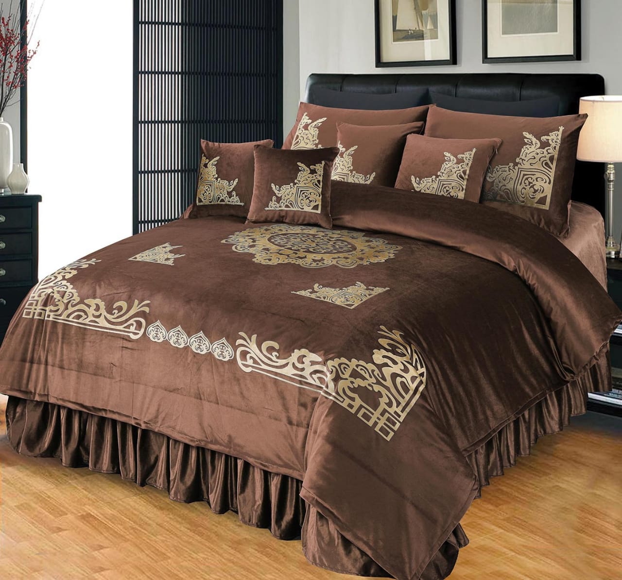 Luxury Emboss Velvet Bridal Bed Set – 9 Piece - Zarle