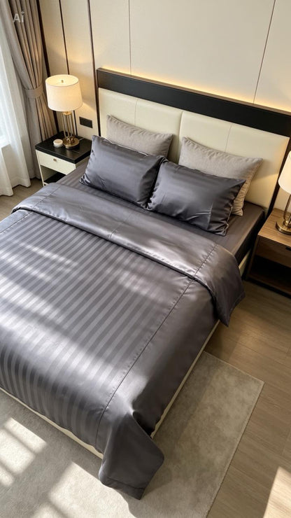 Premium Charcoal Grey Satin Stripe Bedsheet – 200 TC Cotton Sateen with Elegant Piping (King Size) - Zarle