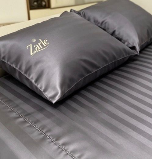 Premium Charcoal Grey Satin Stripe Bedsheet – 200 TC Cotton Sateen with Elegant Piping (King Size) - Zarle