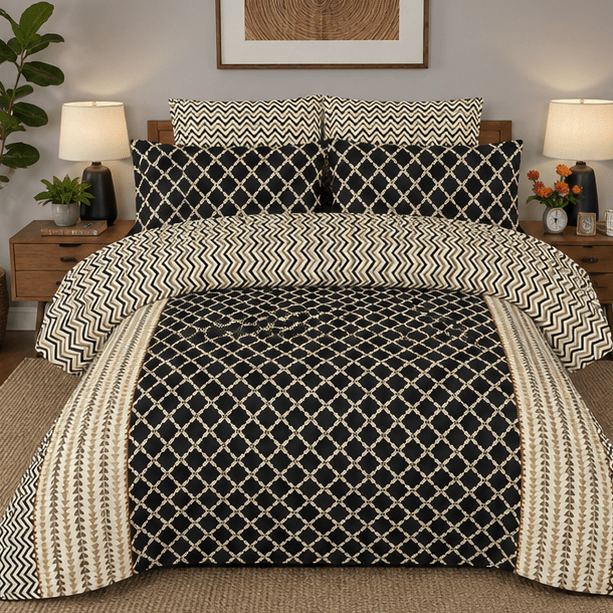 Printed Pure Cotton Bedsheet Black and Beige - Zarle