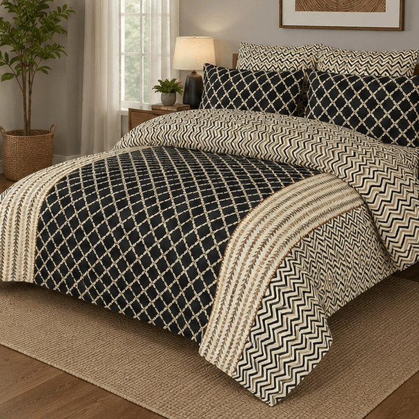 Printed Pure Cotton Bedsheet Black and Beige - Zarle