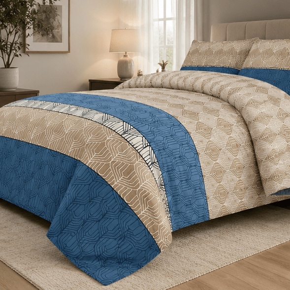Printed Pure Cotton Bedsheet Set Blue and Beige - Zarle